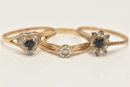 A SELECTION OF 9CT GOLD DIAMOND AND SAPPHIRE RINGS, to include a sapphire and diamond cluster