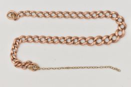A YELLOW METAL CHAIN BRACELET, an AF graduated curb link bracelet, no clasp and broken safety chain,
