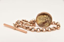 A YELLOW METAL BRACELET, believed to be a conversion piece, a yellow metal belcher chain, fitted