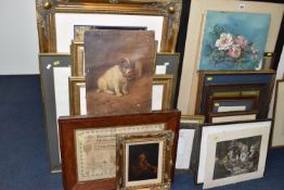 A SMALL QUANTITY OF PICTURES AND PRINTS ETC, to include a 19th century oil on board portrait of a