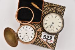 TWO POCKET WATCHES, the first a silver, key wound, open face pocket watch, round white Roman numeral