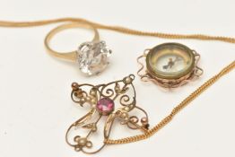 A SELECTION OF YELLOW METAL JEWELLERY, to include an open work pendant/brooch missing jump ring