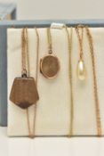THREE PENDANT NECKLACES, to include a 9ct back and front oval locket, suspended from a rolled gold