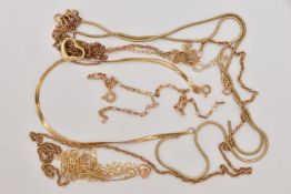 AN ASSORTMENT OF CHAINS, BRACELETS AND SCRAP, to include a fine yellow metal C pendant and fine curb