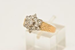 A DIAMOND CLUSTER RING, a white metal floral mount set with round brilliant and single cut diamonds,