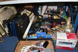 FIVE BOXES AND LOOSE MISCELLANOEUS ITEMS to include a collection of sew-on badges with fishing,