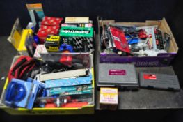 THREE CARDBOARD BOXES CONTAINING AUTOMOTIVE TOOLS AND ACCESSORIES, to include a pair of Lucas