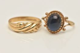 TWO 9CT GOLD RINGS, the first of a cross over design, hallmarked 9ct London import, ring size N,