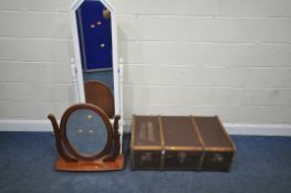 A CANVASS TRAVELING TRUNK, with wooden banding, and twin leather handles, width 92cm x depth 56cm