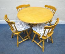 A MODERN BEECH CIRCULAR SINGLE PEDESTAL KITCHEN TABLE, diameter 90cm x height 75cm, along with a set