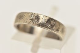 A 9CT WHITE GOLD BAND RING, textured design, hallmarked 9ct Birmingham, ring size G 1/2, approximate