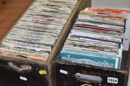 TWO BOXES OF VINYL SINGLE 45RPM RECORDS containing several hundred singles, various artists and