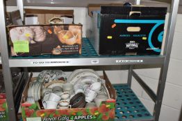 THREE BOXES OF CERAMICS, mostly tea ware items and ornamental, to include Churchill Homespun
