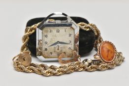 TWO RINGS, A PENDANT AND COSTUME JEWELLERY, to include an amber set yellow metal ring (cracked amber