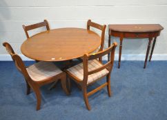 A REPRODUCTION YEW WOOD CIRCULAR TILT TOP TABLE, diameter 110cm x depth 75cm, a set of four