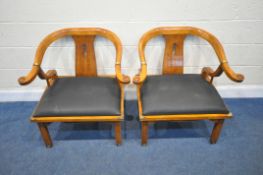 A PAIR OF REPRODUCTION ORIENTAL HARDWOOD ARMCHAIRS, with scrolled armrests, and brass banding, width