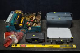 A BOX AND A METAL TOOL BOX, containing four boxed drill bit sets, brushes, tool belt, bag of gloves,