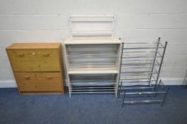 SIX VARIOUS MODERN SHOE RACKS, including a cupboard with two fall front doors, two telescopic racks,