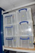 A LARGE QUANTITY OF CLEAR PLASTIC STORAGE BOXES in a variety of sizes, largest 35L, some with