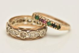 TWO 9CT GOLD RINGS, to include a full colourless spinel set eternity ring, hallmarked 9ct