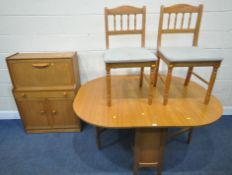 A MID-CENTURY GATE LEG TABLE, open width 148cm x depth 114cm x height 73cm, a bureau with a fall