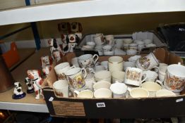 TWO BOXES OF ROYAL COMMEMORATIVE MUGS AND A GROUP OF STAFFORDSHIRE SPANIELS to include assorted mugs