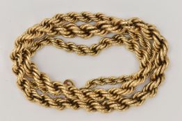 A 9CT GOLD GRADUATED ROPE TWIST CHAIN NECKLACE, fitted with a spring clasp, hallmarked 9ct