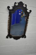 A 19TH CENTURY MAHOGANY FRETWORK WALL MIRROR, with scrolled details, and gilt foliate pillars, width