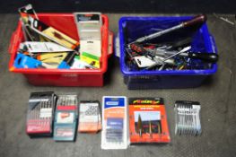 TWO PLASTIC BOXES CONTAINING DRILL BITS AND HAND TOOLS, to include a Makita 29 piece drill bit