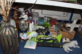THREE BOXES AND LOOSE MISCELLANEOUS ITEMS to include a large lamp with a pierced cover, a boxed