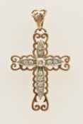 A 9CT GOLD CROSS PENDANT, a large yellow and white gold cross, set with circular cut cubic