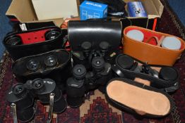A BOX OF ASSORTED BINOCULARS to include five cased pairs of binoculars to include manufacturers