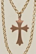 A HOLLOW ROSE METAL CROSS PENDANT AND A BELCHER CHAIN, the hollow cross stamped 9ct, fitted with a