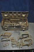 AN AMMO CRATE CONTAINING, seventeen G-clamps of various sizes, pliers, clamps, etc, all appears
