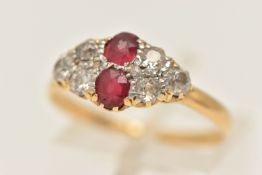A YELLOW METAL DIAMOND AND SPINEL RING, lozenge shape cluster of two red spinel's and six old cut