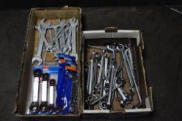 TWO CARDBOARD BOXES CONTAINING A SELECTION OF SPANNERS, by Gedore and Elora, to include deep-