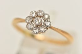 A DIAMOND CLUSTER RING, designed as nine old cut diamonds collet set in white metal with millgrain