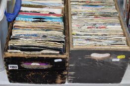 TWO BOXES OF VINYL SINGLE 45RPM RECORDS containing several hundred singles, various artists and