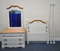 A PARTIALLY WHITE PAINTED CHEST OF THREE DRAWERS, width 103cm x depth 46cm x height 77cm, a single