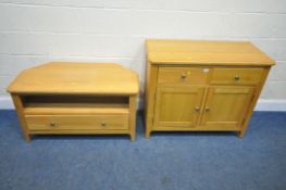 A MODERN LIGHT OAK DOUBLE DOOR CUPBOARD, with two drawers, width 99cm x depth 47cm x height 83cm,