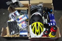 TWO CARDBOARD BOXES CONTAINING CYCLING ACCESSORIES AND PARTS, to include two cycling helmets,