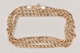 A 9CT GOLD CHAIN NECKLACE, a yellow gold curb link chain, fitted with a spring clasp, approximate