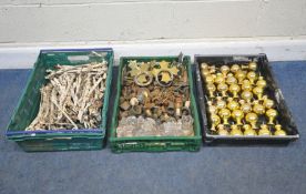 THREE TRAYS CONTAINING VARIOUS FURNITURE AND HOUSING ACCESSORIES, including brass finials,