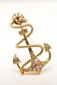 AN 18CT GOLD ANCHOR BROOCH, a yellow gold brooch designed as an anchor with twisted rope, set with