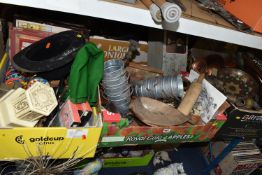 FIVE BOXS AND LOOSE MISCELLANEOUS ITEMS to include a group of copper saucepans, a group of enamelled