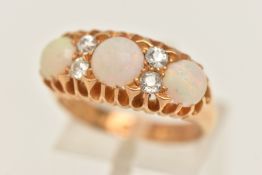 AN 18CT GOLD OPAL AND DIAMOND RING, three opals, prong set in yellow gold together with four old cut