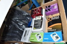 A BOX OF ASSORTED GUITAR PEDALS ETC to include two boxed Fender pedals comprising 'Pugilist