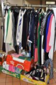 THREE BOXES AND LOOSE LADIES CLOTHES AND SHOES, to include co-ordinate sets, jacket, dresses,