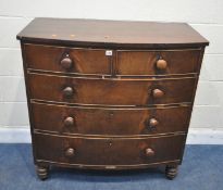 A 19TH CENTURY MAHOGANY BOW FRONT CHEST OF TWO SHORT OVER THREE LONG DRAWERS, raised on turned legs,