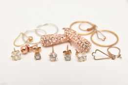 AN ASSORTMENT OF YELLOW METAL, to include five pairs of yellow metal earrings and one pair of